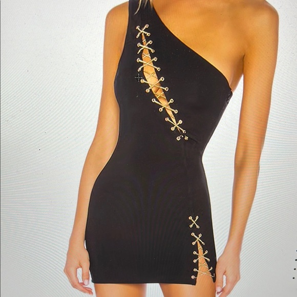 H:ours Delacy black mini dress xs with chain lace up - Picture 1 of 12